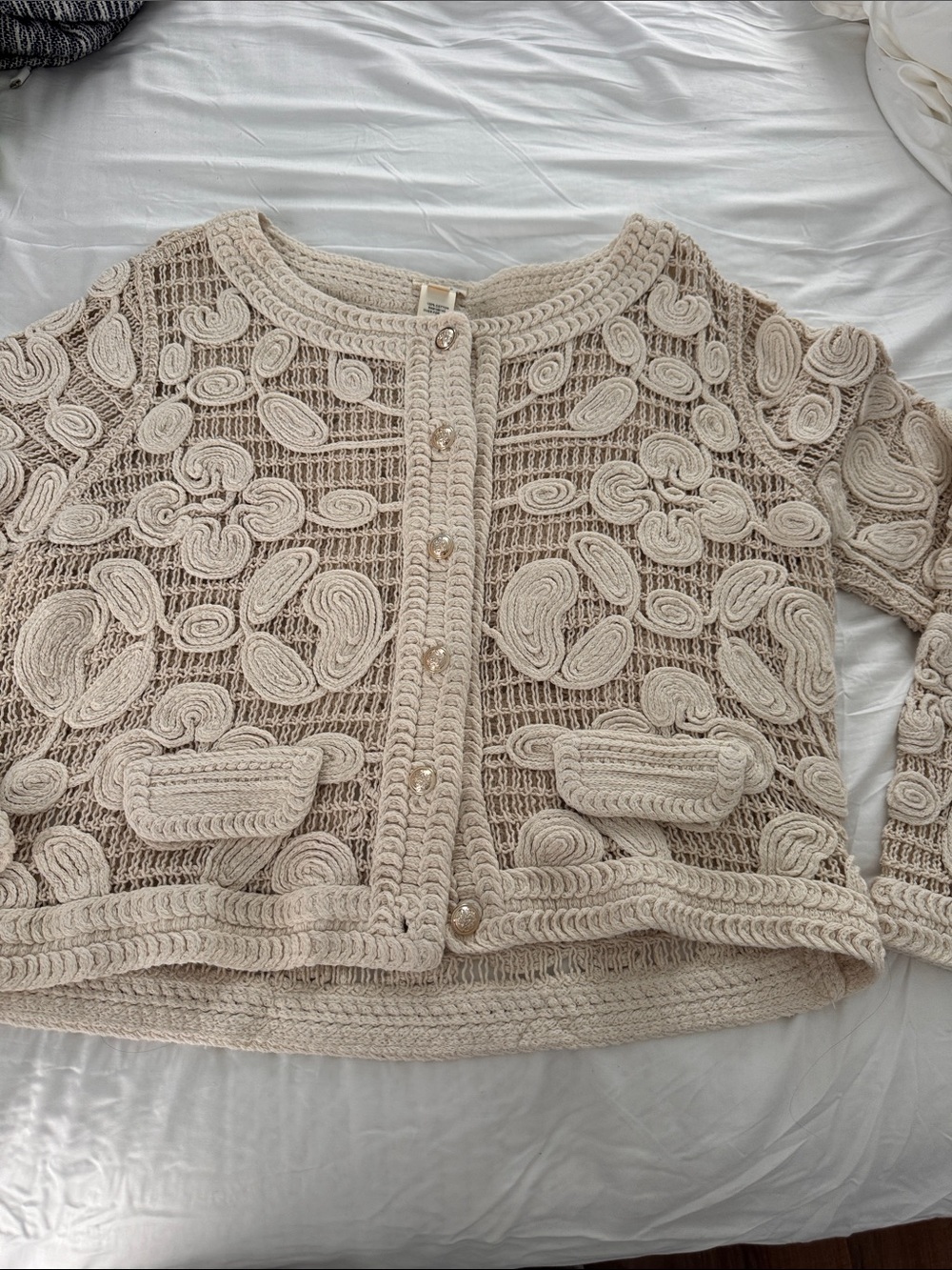 Ultra Pink Cream Crochet Applique Cardigan with Pearl Buttons